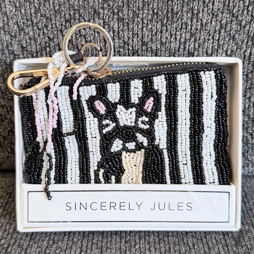 Sincerely Jules French bulldog print Beaded Keychain Pouch -NWT